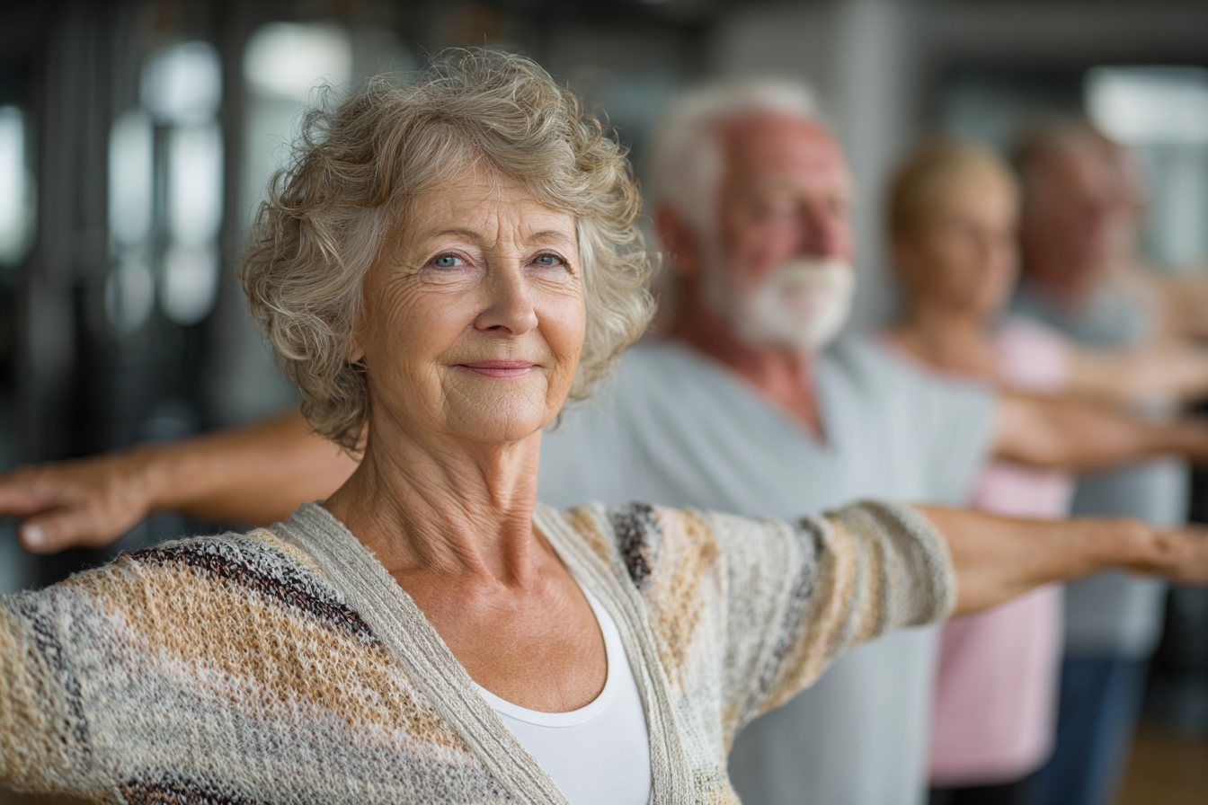 Active seniors enjoying gentle movement exercises in a peaceful garden setting