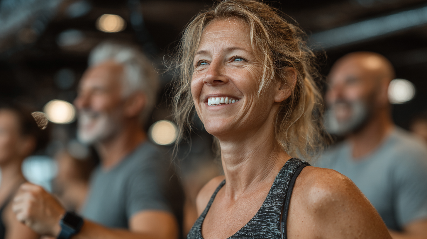 Margaret Thompson, founder of Rovixel, demonstrating gentle movement exercises in a serene garden setting
